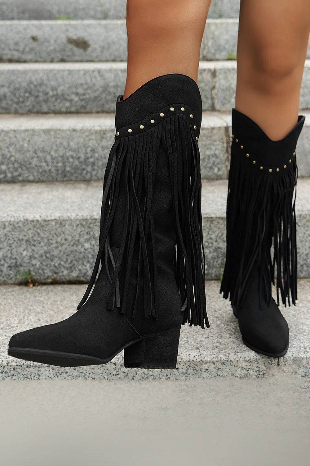 Black Fringe Studded Mid Calf Cowboy Boots
