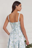 Blue White Floral Printed Corset Square Neck A Line Bridesmaid Dress