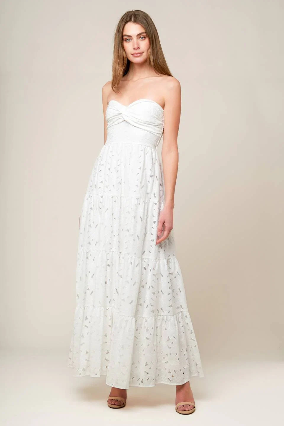 WISHING WELL STRAPLESS WHITE LACE MAXI DRESS