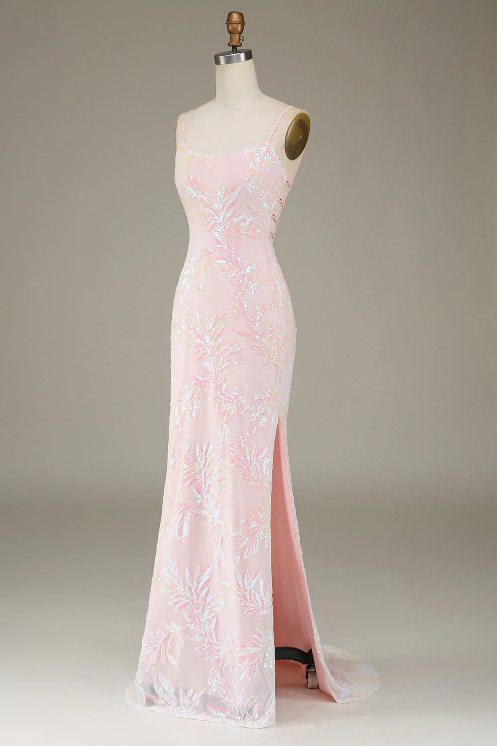 Pink Mermaid Spaghetti Straps Sparkly Long Prom Dress with Slit