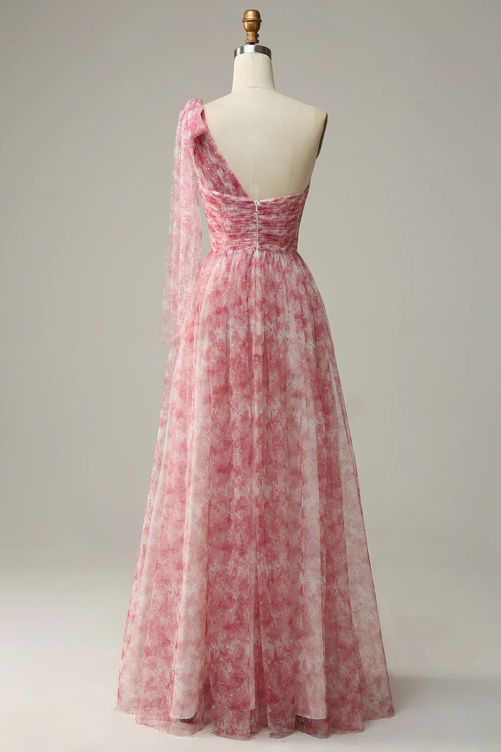 Red A Line One Shoulder Floor Length Print Tulle Bridesmaid Dress