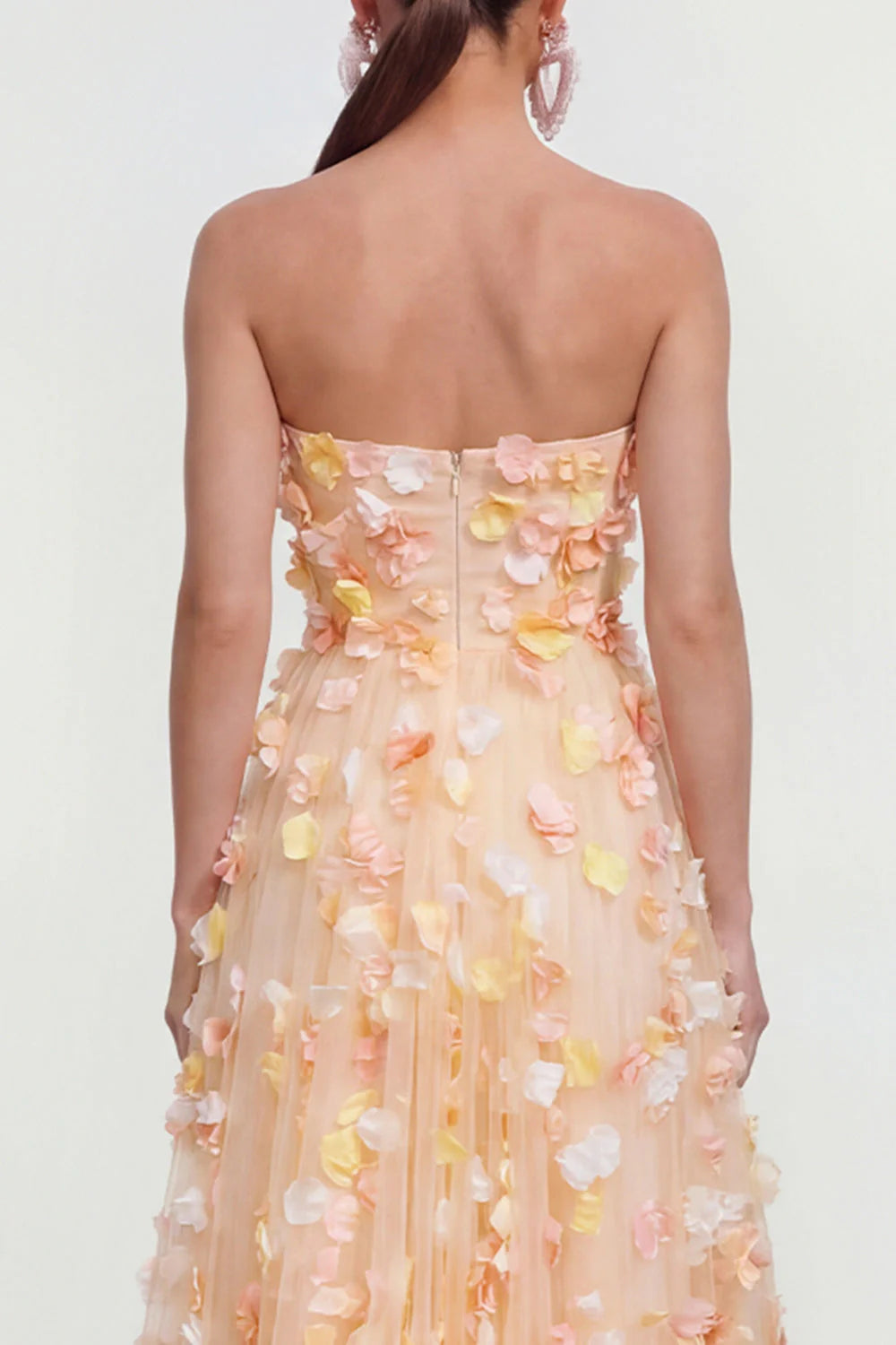 Champagne A Line Strapless Floral Wedding Guest Dress with Pockets