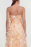 Champagne A Line Strapless Floral Wedding Guest Dress with Pockets