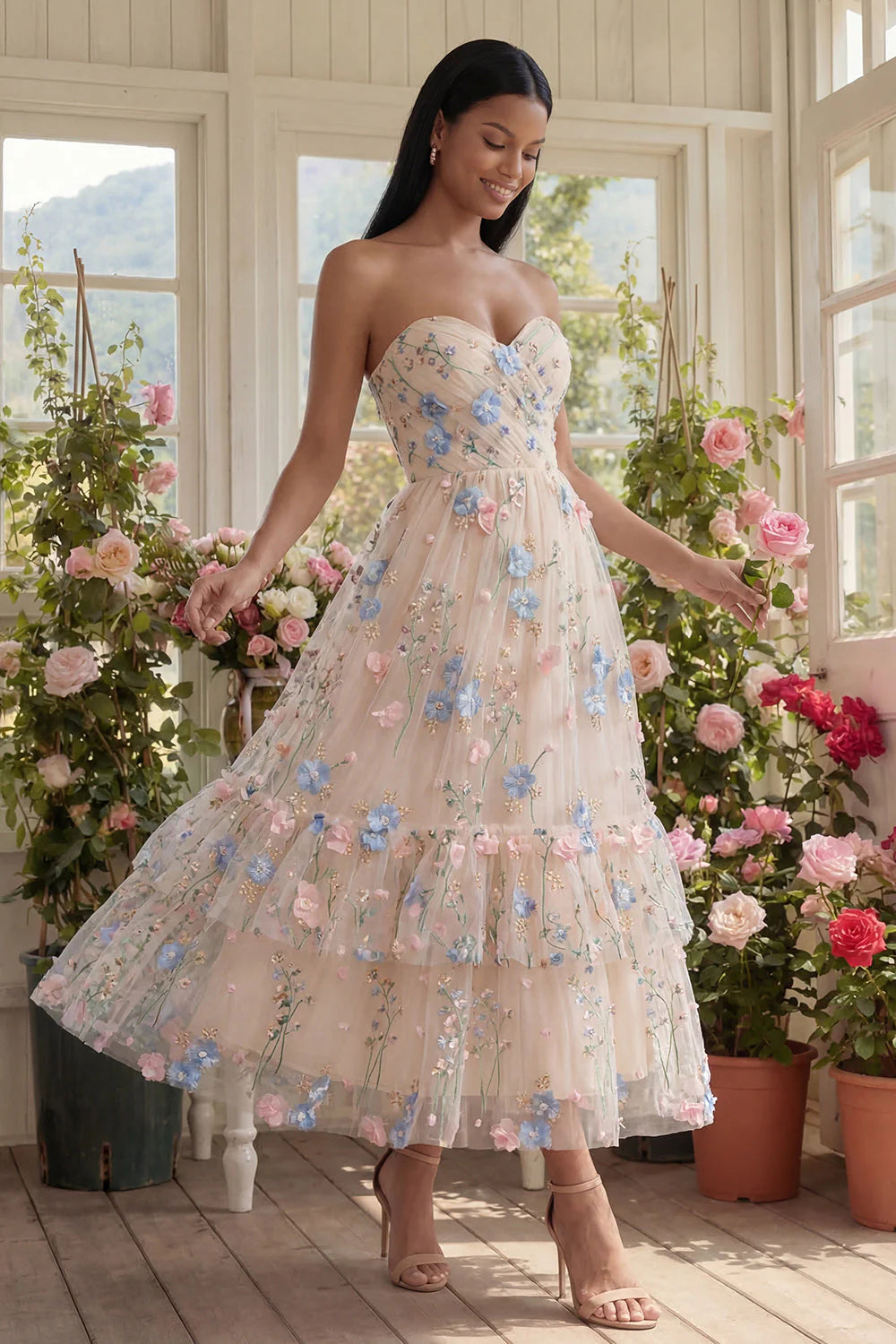 Strapless A Line Floral Ruffled Champagne Wedding Guest Dress