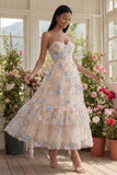 Strapless A Line Floral Ruffled Champagne Wedding Guest Dress