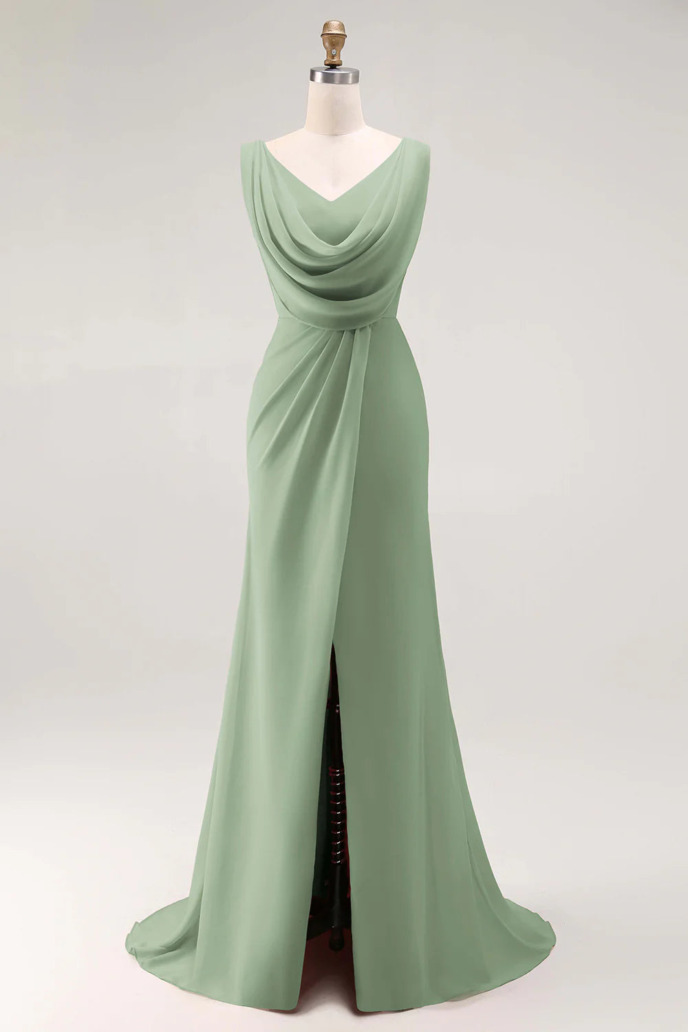 Blush Pink Sheath Lace Up Back Ruched Long Bridesmaid Dress with Slit