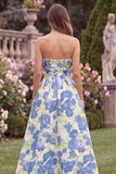 Blue Floral Strapless A Line Midi Wedding Guest Dress with Pockets