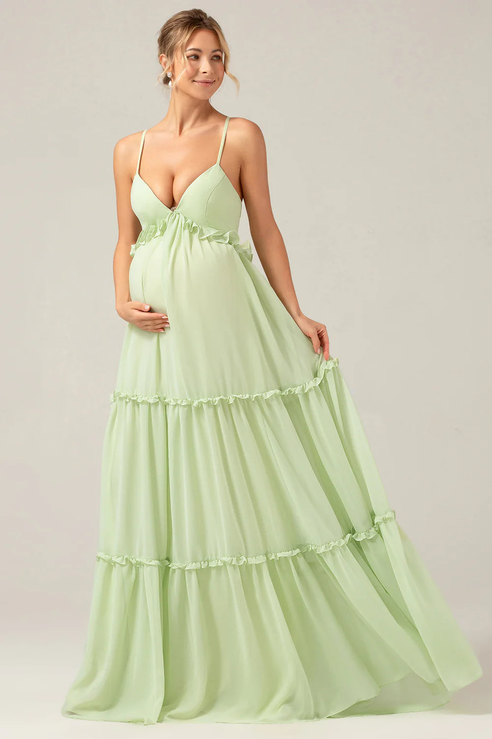 A Line Spaghetti Straps Backless Long Green Bridesmaid Dress With Ruffles