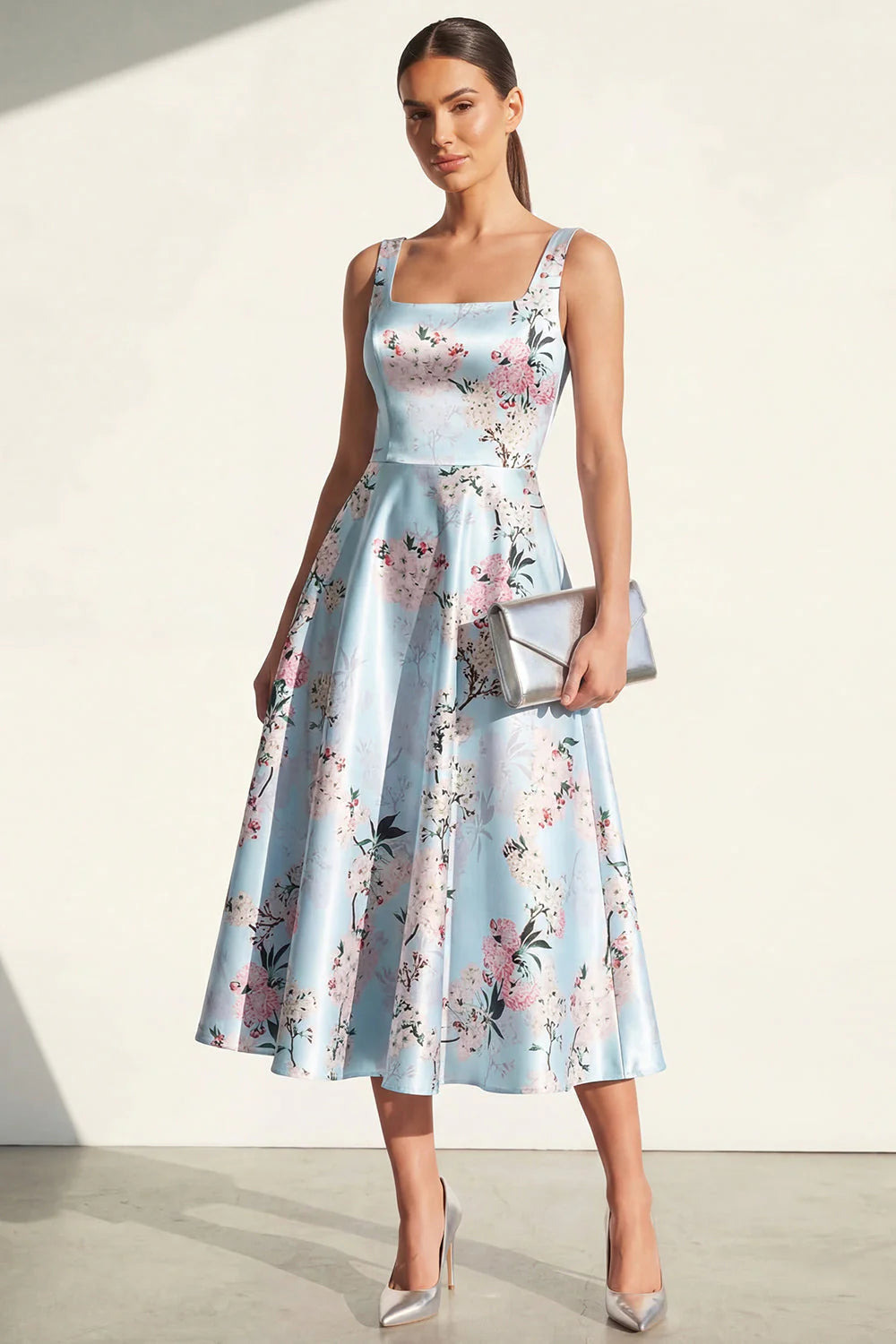 Pink Printed Satin A Line Midi Wedding Guest Dress