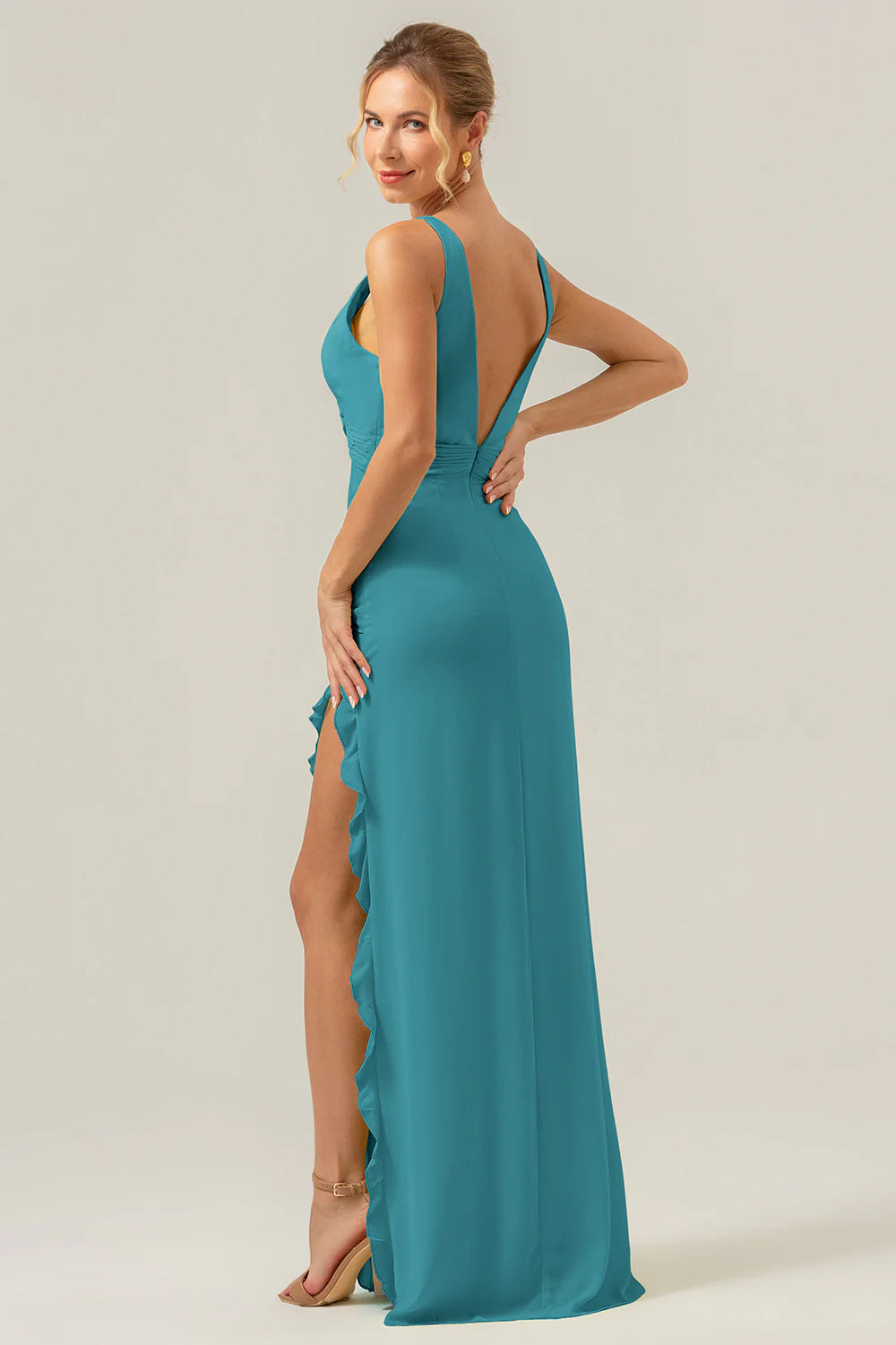 Burgundy Sheath V Neck Floral Open Back Bridesmaid Dress with Ruffle Slit