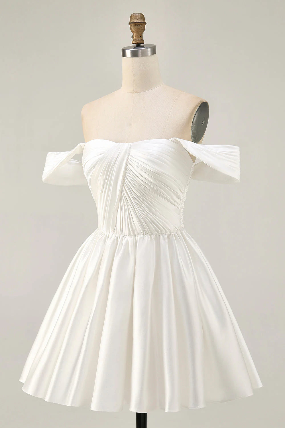White Satin A Line Off The Shoulder Ruched Short Homecoming Dress