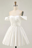 White Satin A Line Off The Shoulder Ruched Short Homecoming Dress