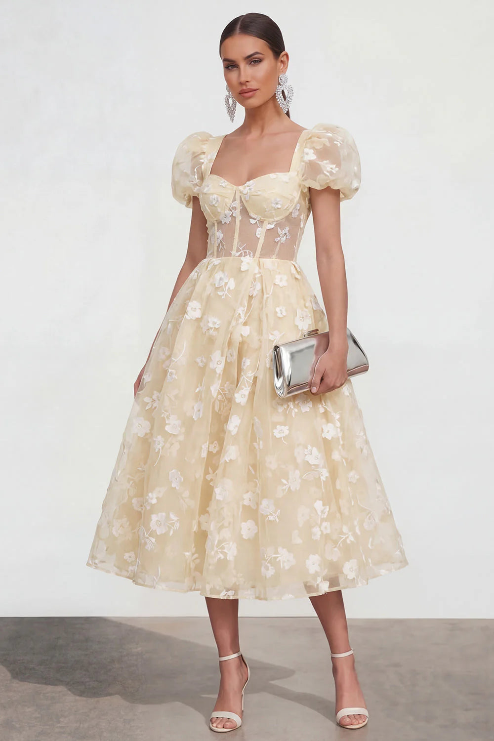 Floral Pink Puff Sleeve A Line Corset Wedding Guest Dress