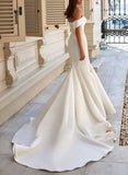 Trumpet Mermaid Off the Shoulder Sweep Train Satin Wedding Dress