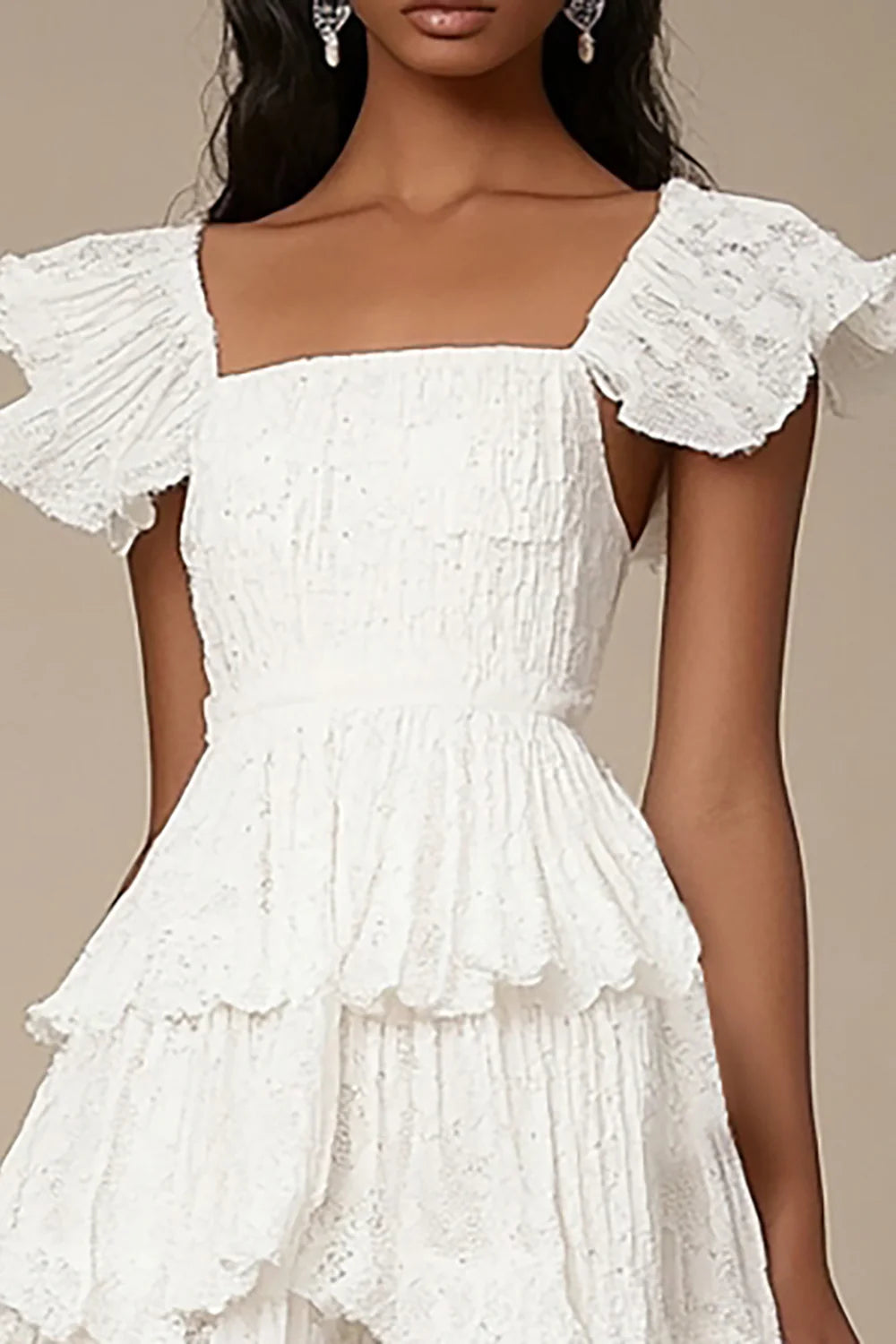 Ivory A Line Tiered Square Neck Lace Knee Length Graduation Dress