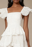Ivory A Line Tiered Square Neck Lace Knee Length Graduation Dress