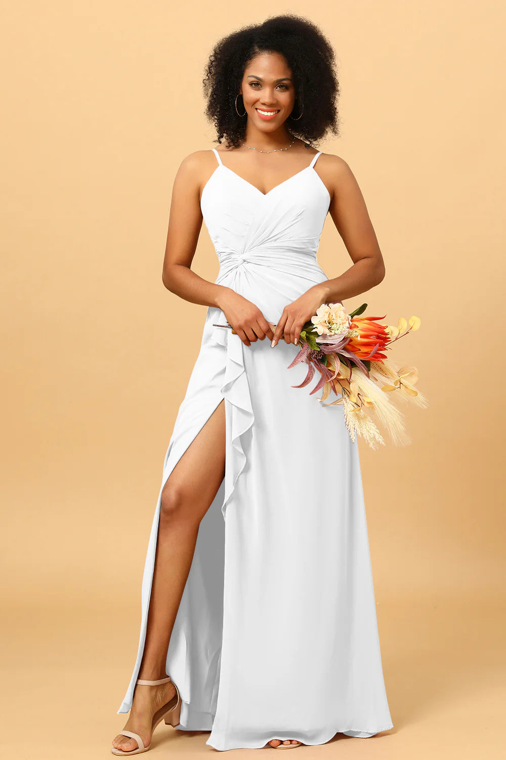 A Line Spaghetti Straps V Neck Chiffon Ruffled Long Bridesmaid Dress with Slit