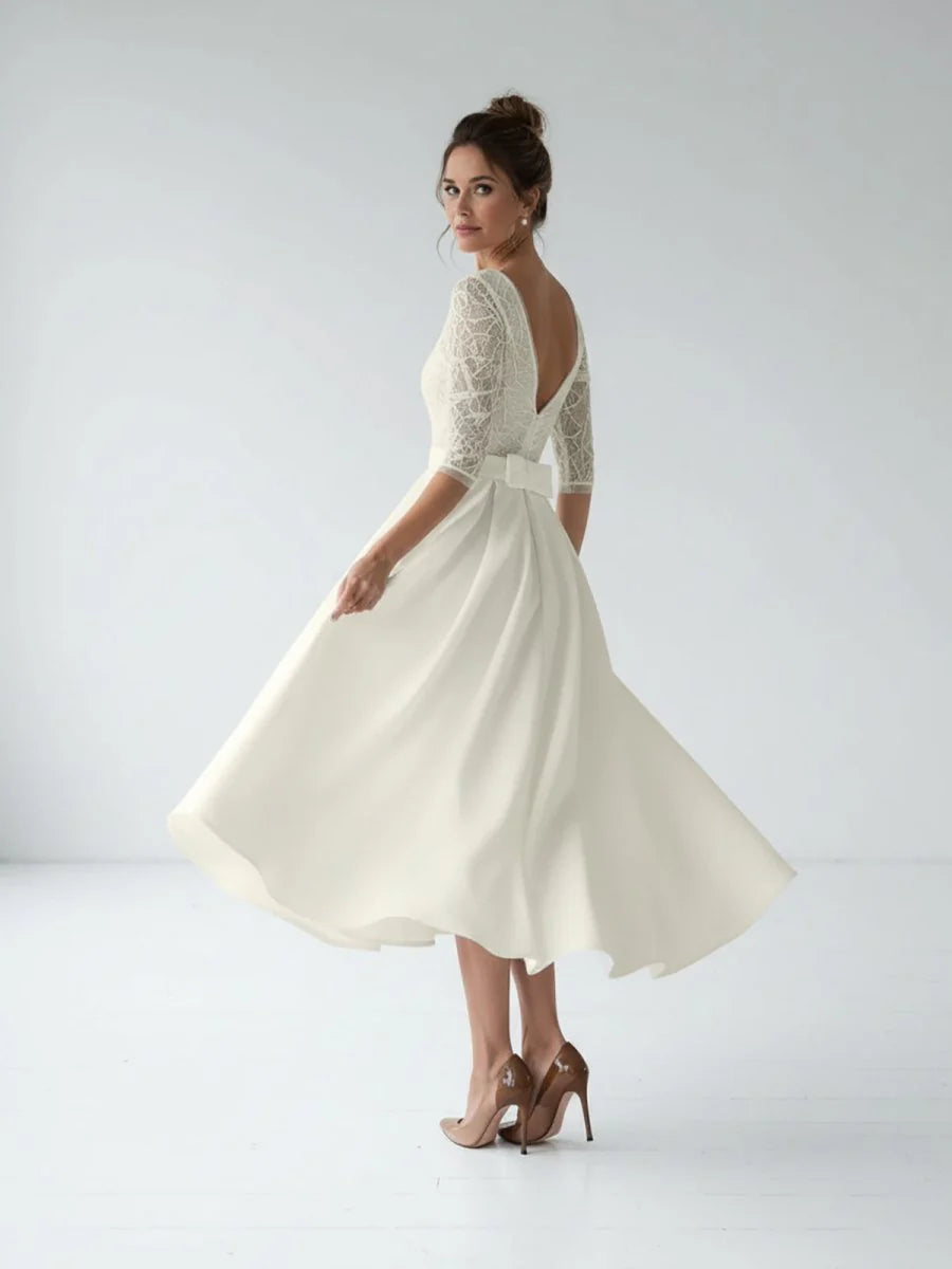 Satin V neck A Line Tea length Wedding Dress with Ruching and Sash