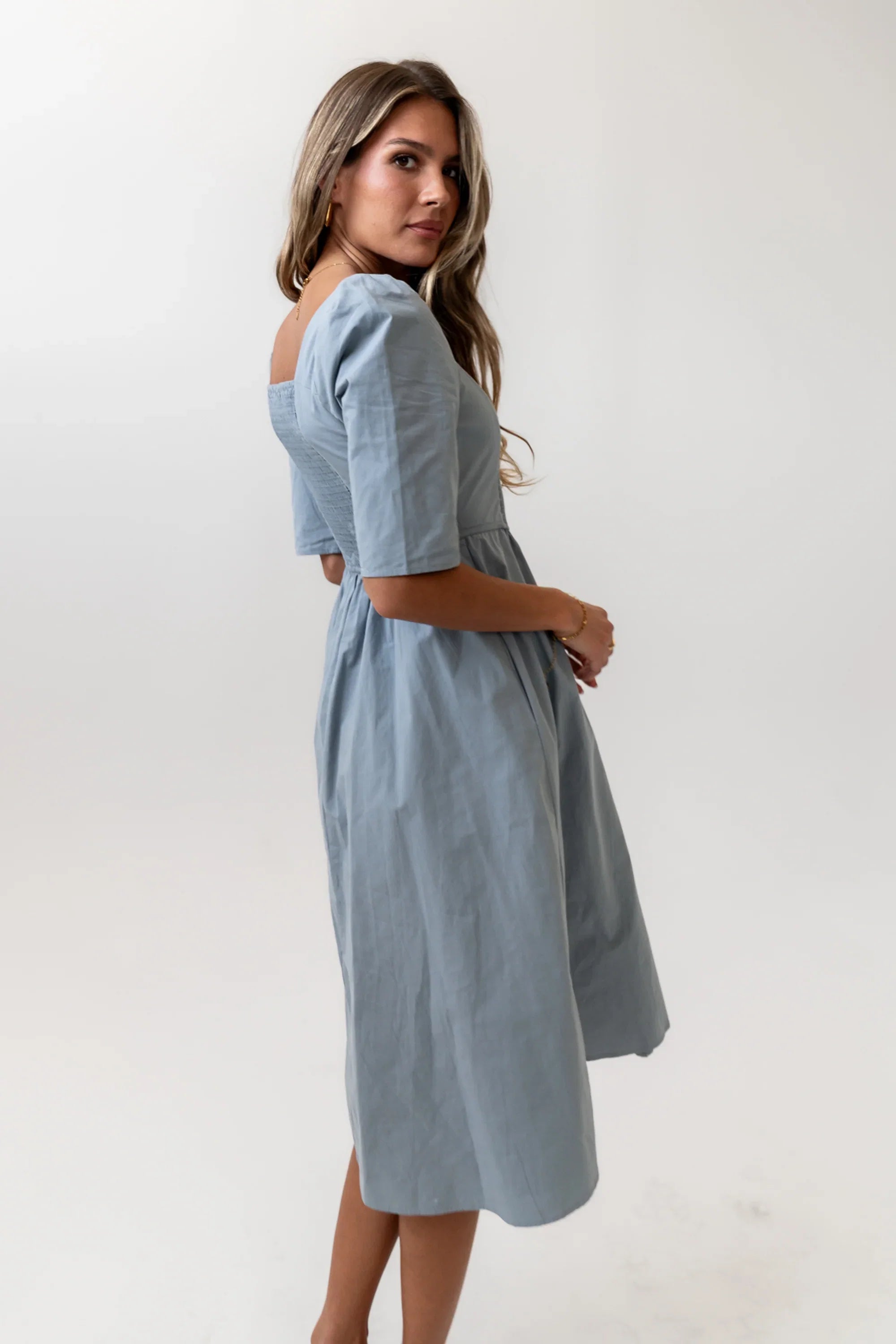 Paisley Smocked Midi Dress in Slate Blue FINAL SALE