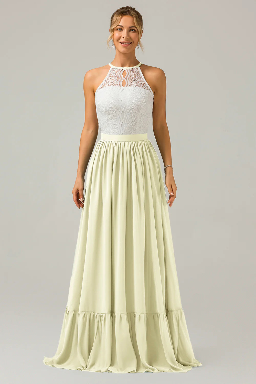 A Line Halter Pleated Keyhole Chiffon Bridesmaid Dress With Lace