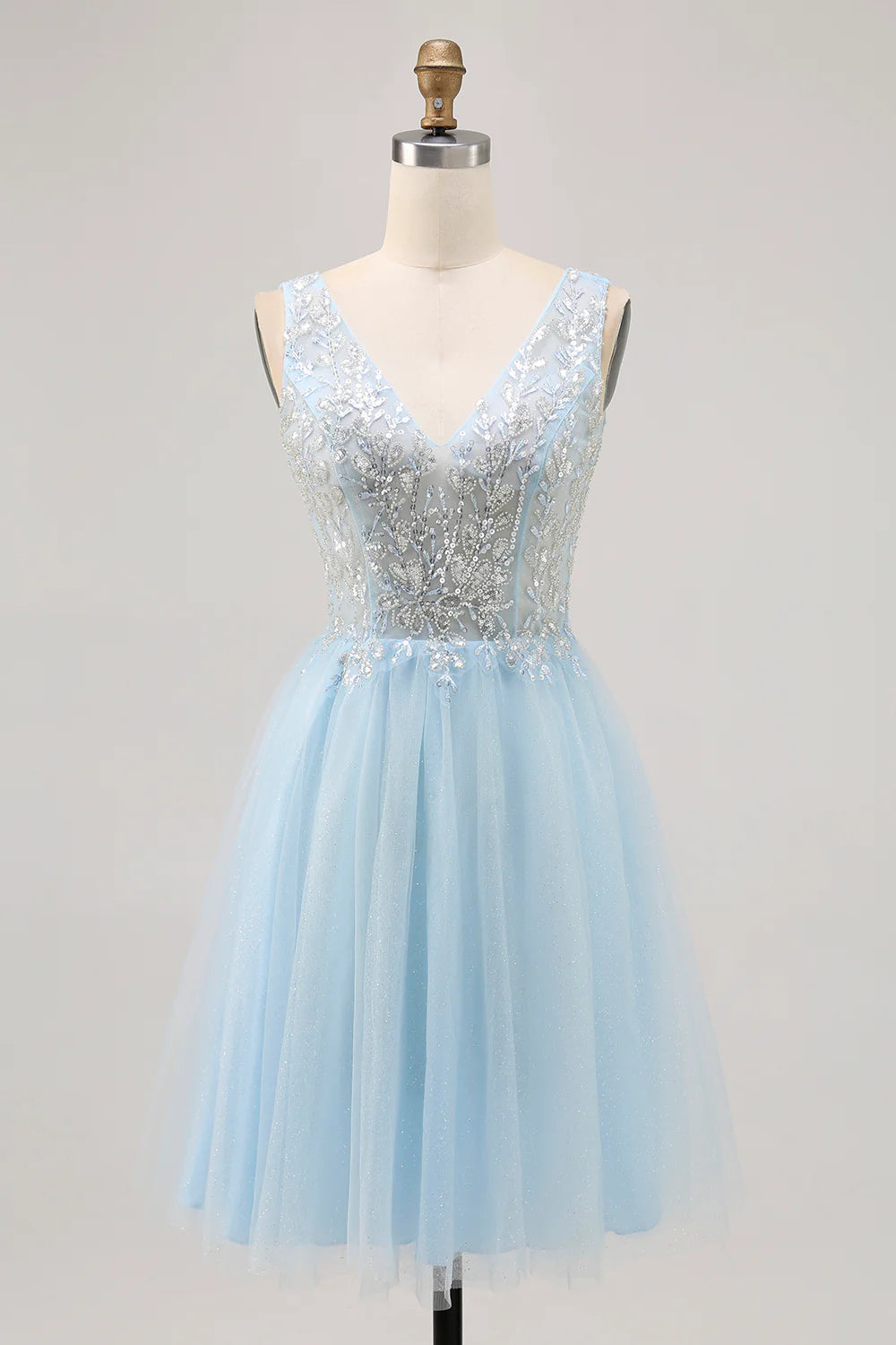 Blue A Line V Neck Floral Appliqued Short Homecoming Dress