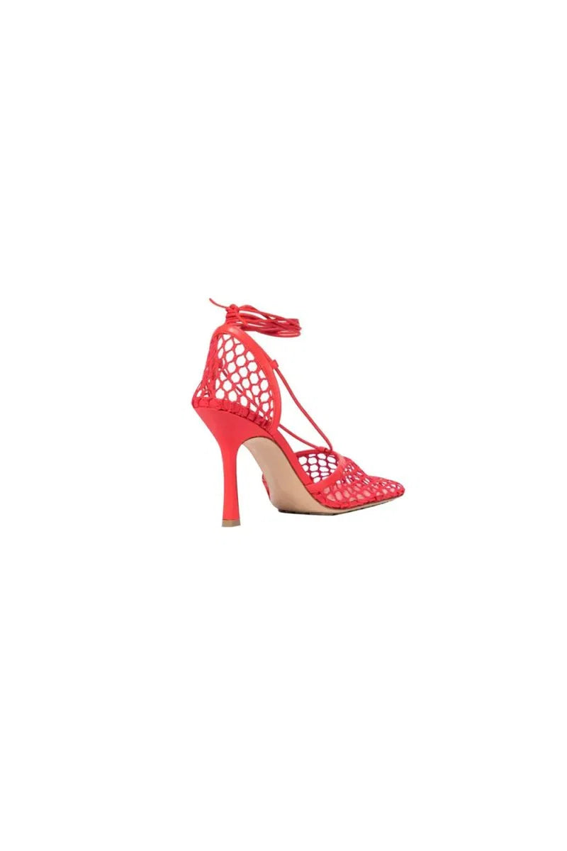 Yellow Stiletto Heel Lace Up Fishnet High Heel Sandals