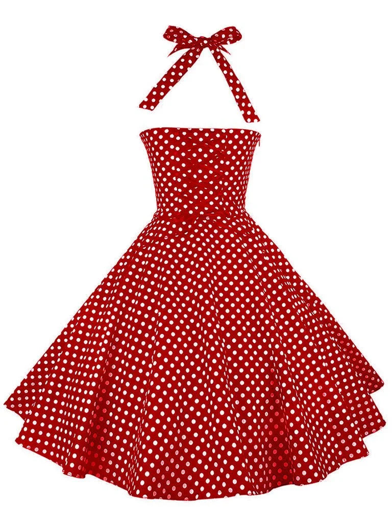 Red Polka Dots Halter Classis Style 1950S Dress