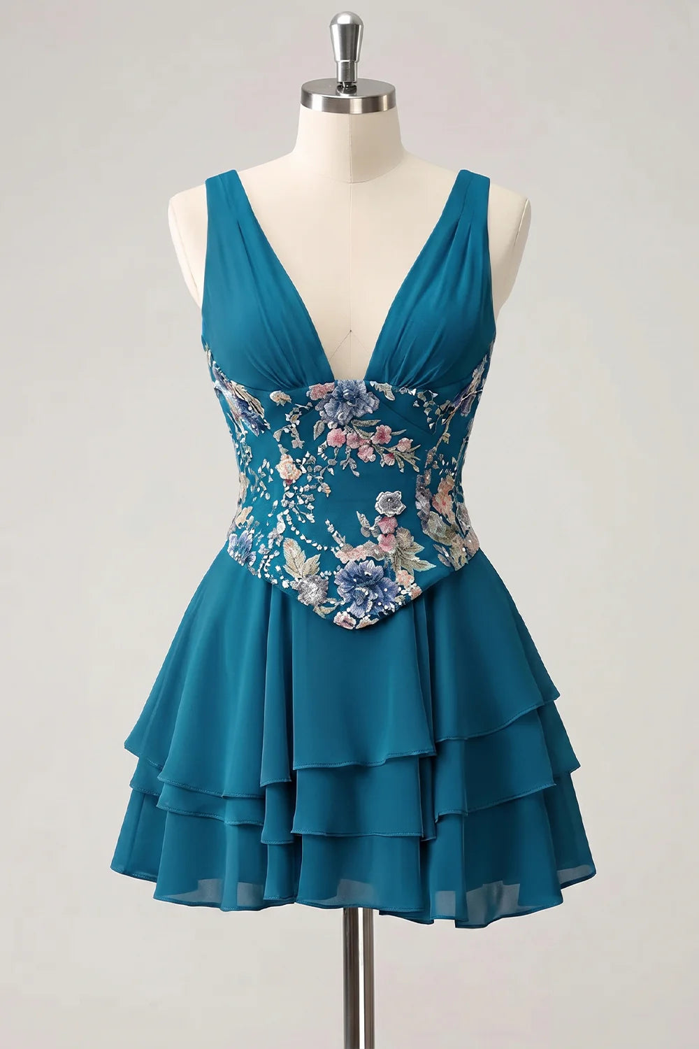 Pink Floral Appliqued V Neck Tiered A Line Homecoming Dress