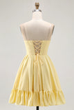 A Line Sunshine Yellow Strapless Corset Mini Homecoming Dress with Ruffles