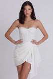 Corset Strapless Ruched Bodycon White Dress with Lace
