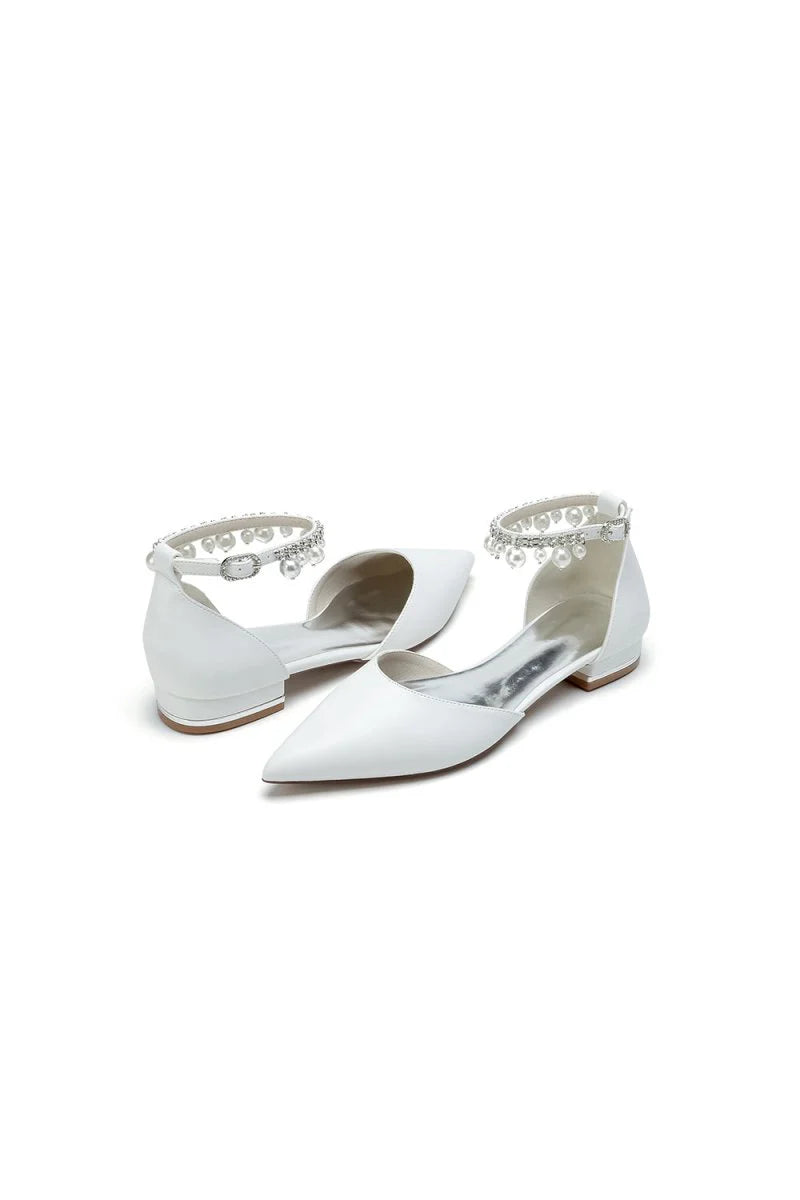 Pointed Toe Ankle Strap Pearl Beaded Low Heels