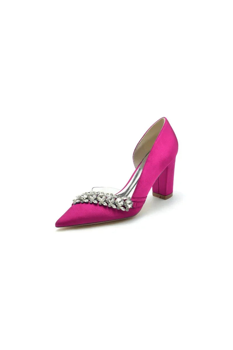 Chic Satin Pointed Toe Slip on Chunky Heels With Rhinestone