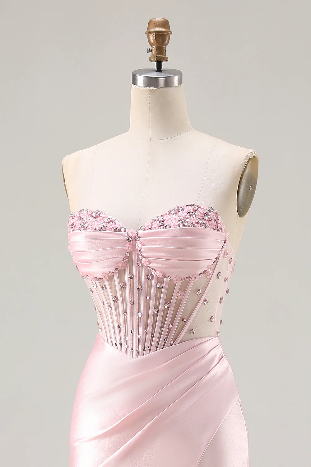Sparkly Pink Mermaid Strapless Beaded Corset Long Prom Dress with Slit