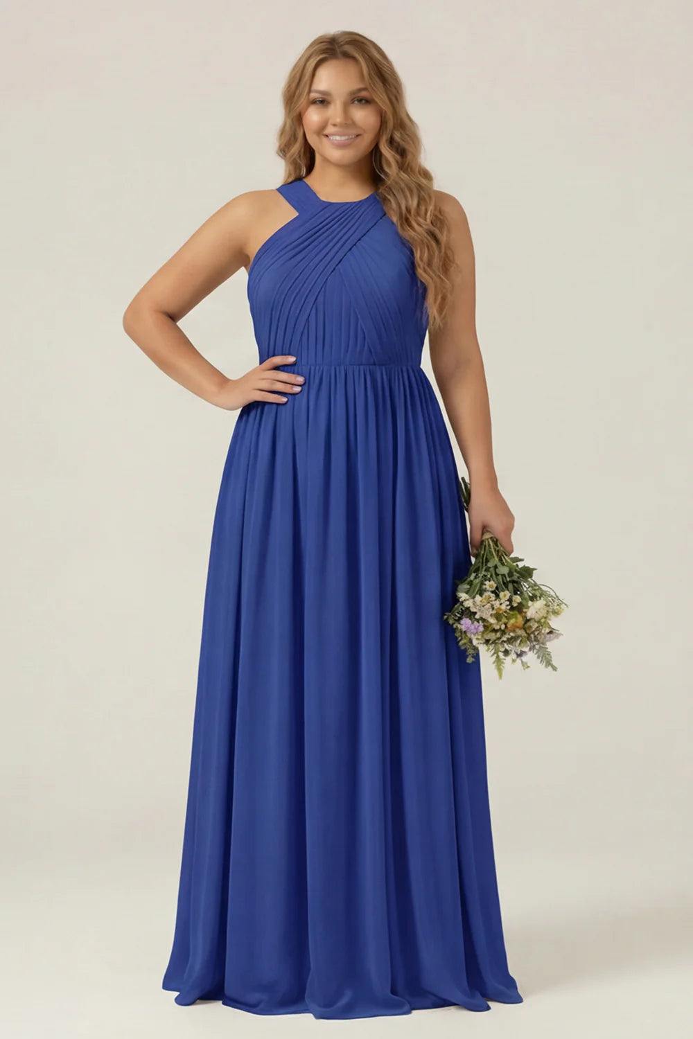 Dusty Sage Plus Size Halter A Line Chiffon Long Bridesmaid Dress