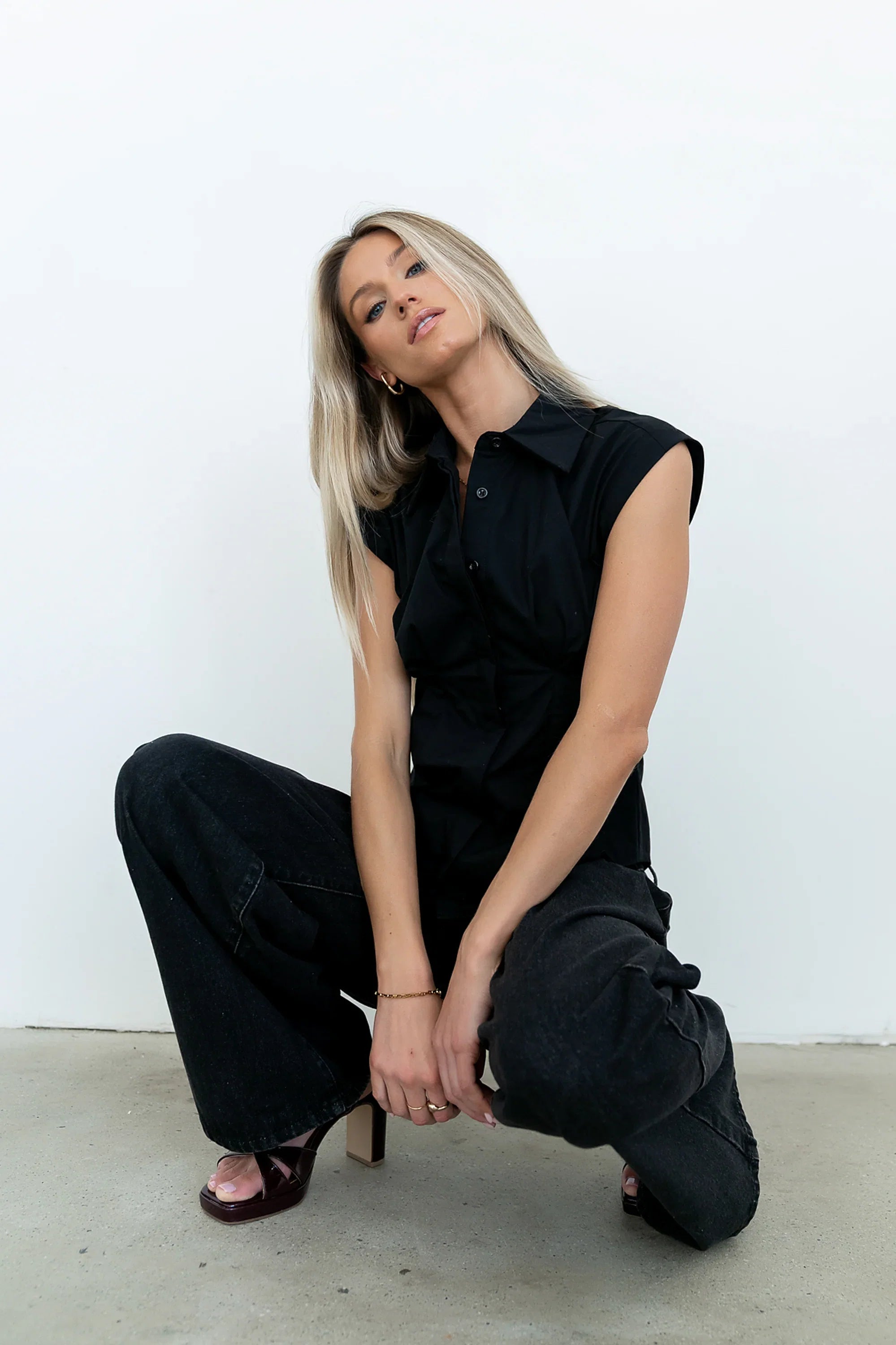 Remi Pleated Button Up in Black