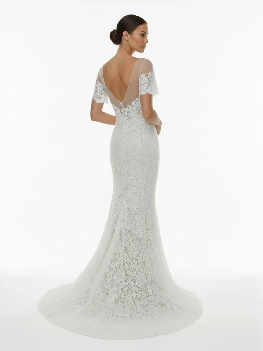 Mermaid Scoop Illusion Neck Floral Wedding Dress