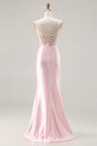 Sparkly Pink Mermaid Strapless Beaded Corset Long Prom Dress with Slit