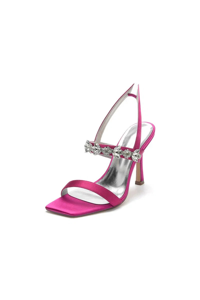 Unique Square Open Toe Crystal Strap Chunky Heels