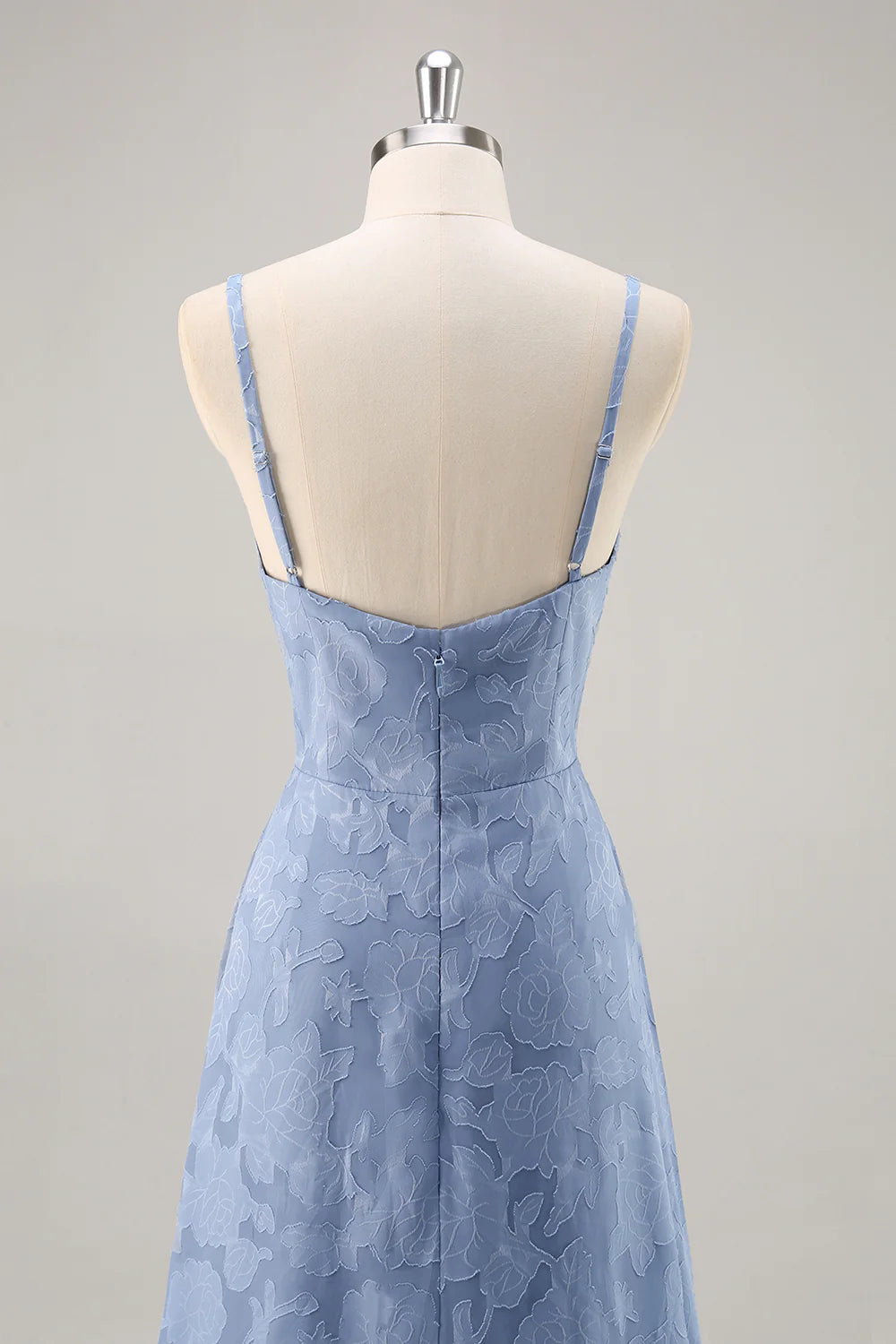 Dusty Blue A Line Floral Burnout Maxi Bridesmaid Dress with Slit