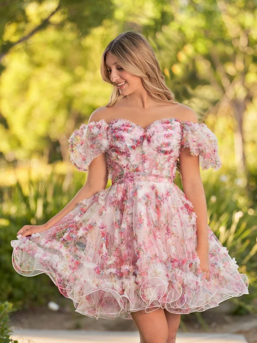 Ivana A Line Off the Shoulder Printed Tulle Short Homecoming Dress