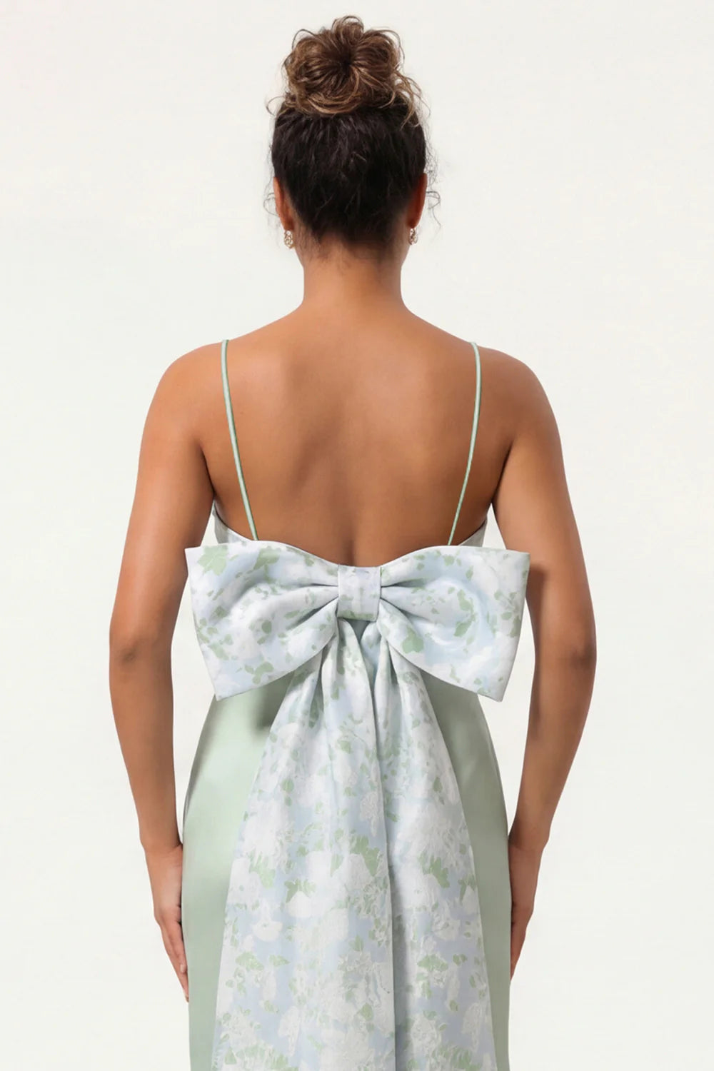 Blue Floral Spaghetti Straps Mermaid Satin Bridesmaid Dress with Bow