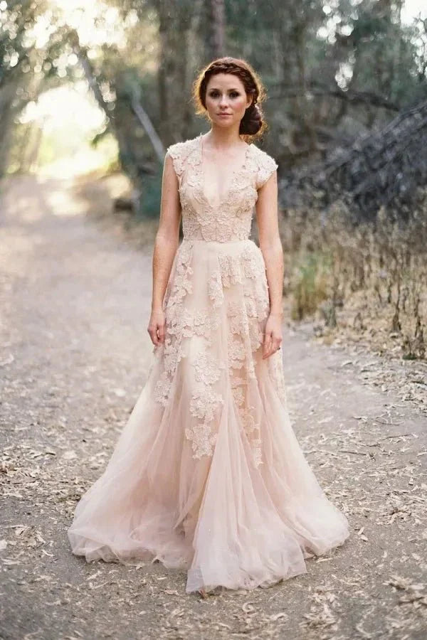 High Quality V neck Sleeveless Floor length Wedding Dress with Lace