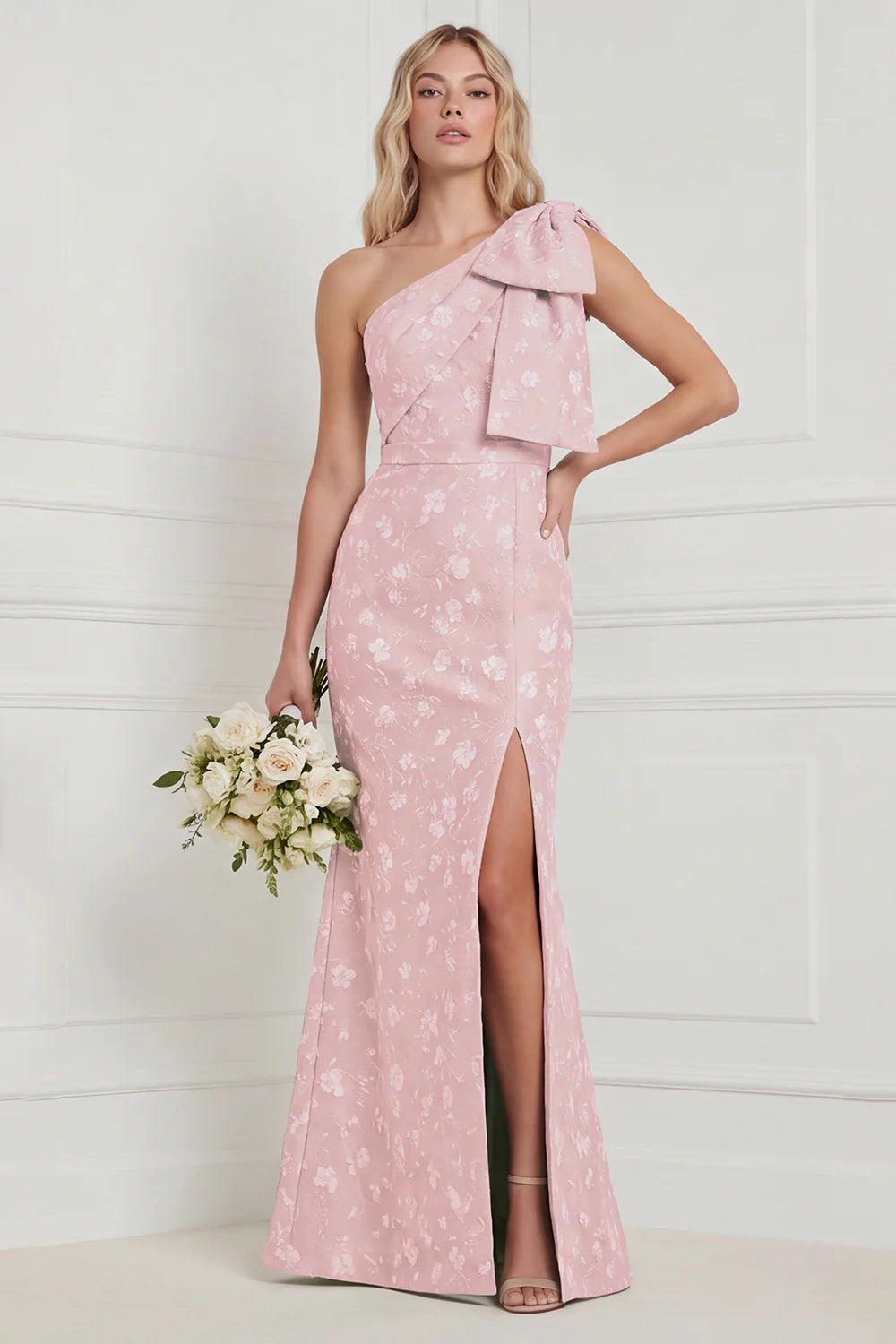 One Shoulder Sage Floral Jacquard Mermaid Bridesamid Dress with Slit