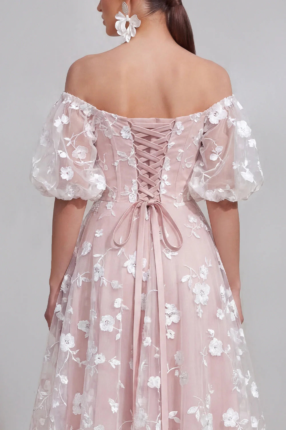 Off the Shoulder Floral Lilac Ruched A Line Wedding Guest Dress