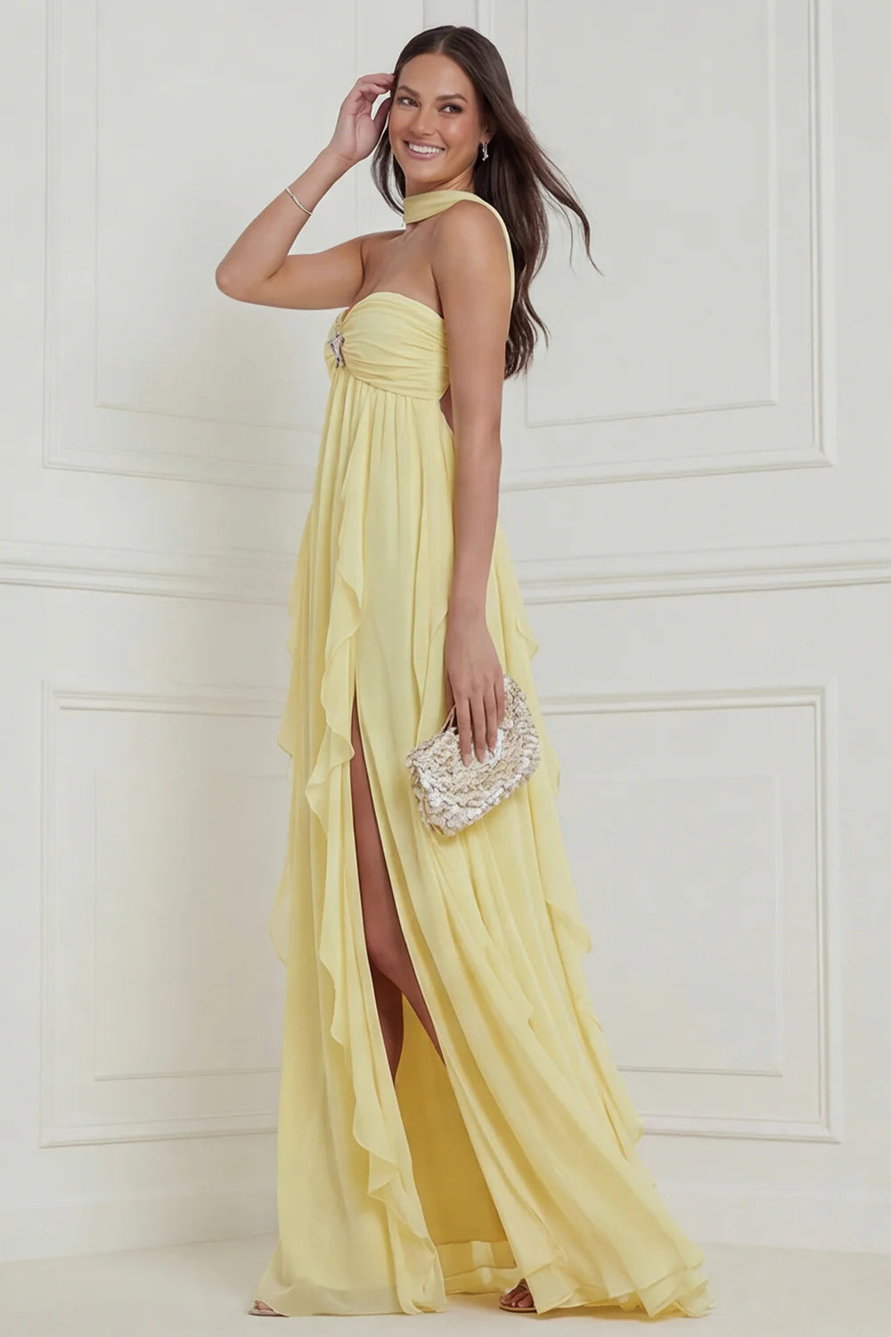 Strapless Halter Daffodil A Line Ruffled Long Wedding Guest Dress