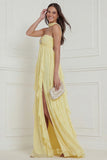 Strapless Halter Daffodil A Line Ruffled Long Wedding Guest Dress