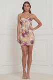 Strapless Apricot Flower Bodycon Corset Appliqued Mini Dress