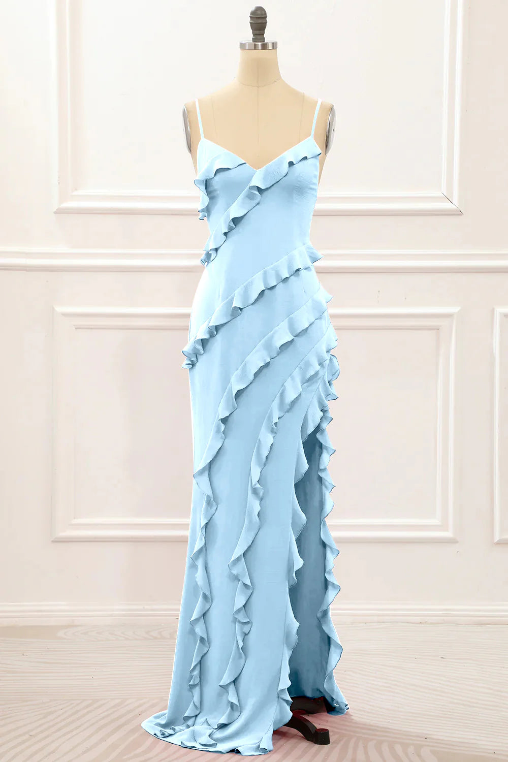 Spaghetti Straps Jade Tiered Mermaid Bridesmaid Dress With Slit