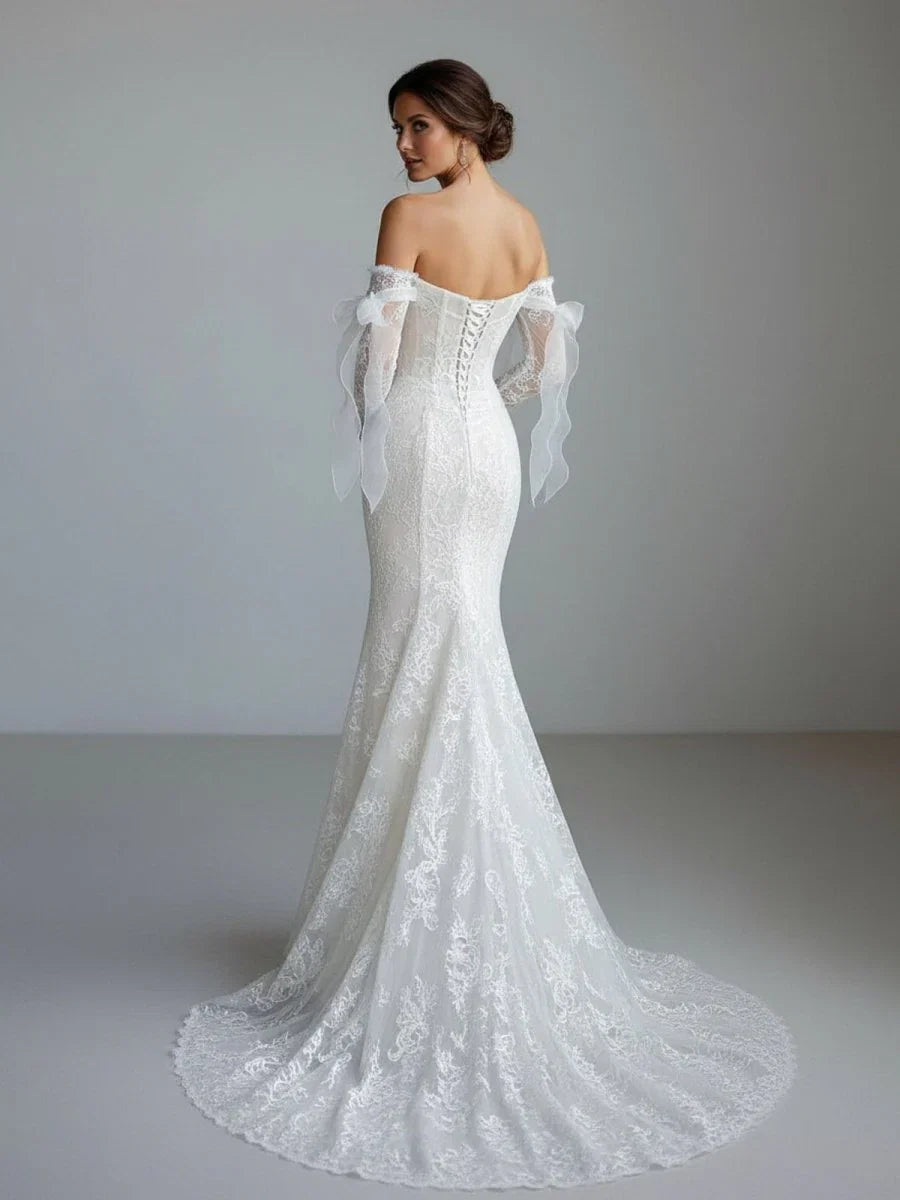 Lace Mermaid Covered Button Long Sleeve Train Wedding Dress