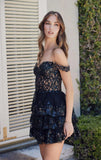 BRENNA MINI DRESS BLACK OFF SHOULDER TIERED SHORT DRESS